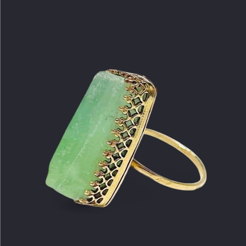 Green Calcite Crystal + Brass Metal Ring